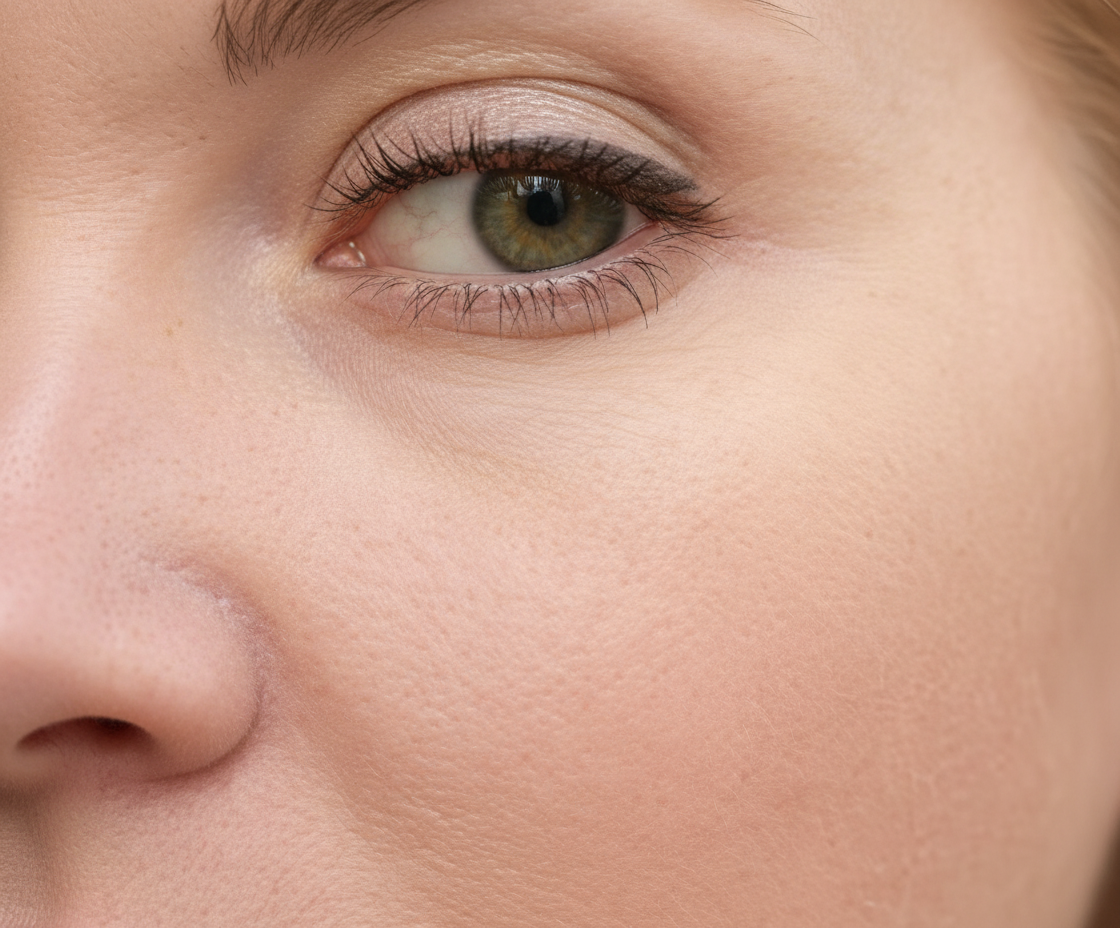 Close-up of a person's eye with a neutral background