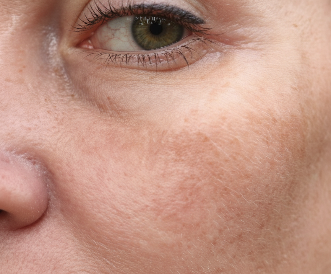 Close-up of a person's eye with visible wrinkles and skin texture.